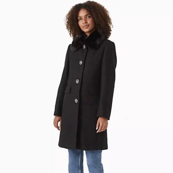 Kate Spade Black Wool Blend Coat Jewel Button Coat Large Designer *No Fur Collar - Picture 1 of 9